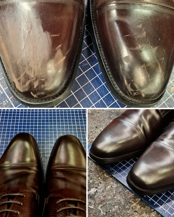 Scuffed brown leather shoes before and after restoration