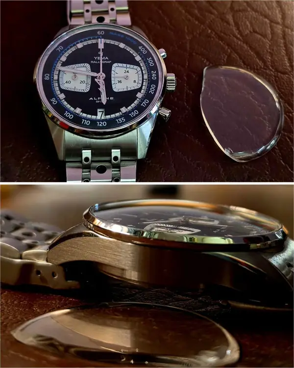 Chronograph watch with a replacement glass