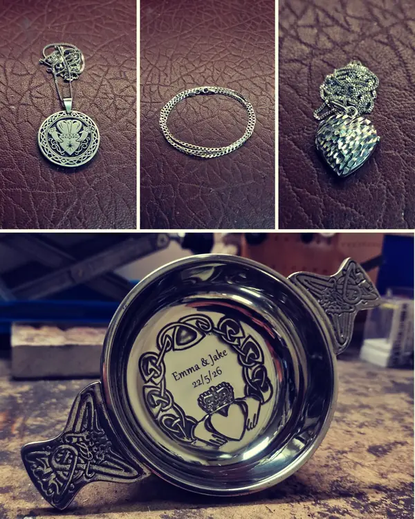 Pewter quaich engraved ‘Emma & Jake’ with a Claddagh, plus silver pendants