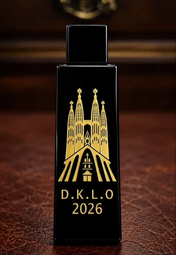 Black glass bottle engraved in gold with the Sagrada Fam&iacute;lia