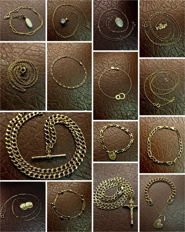 Gold chains, bracelets and an Albert chain