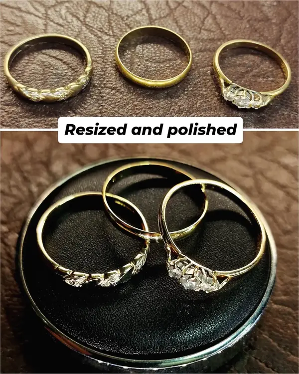 Three gold rings, resized and polished