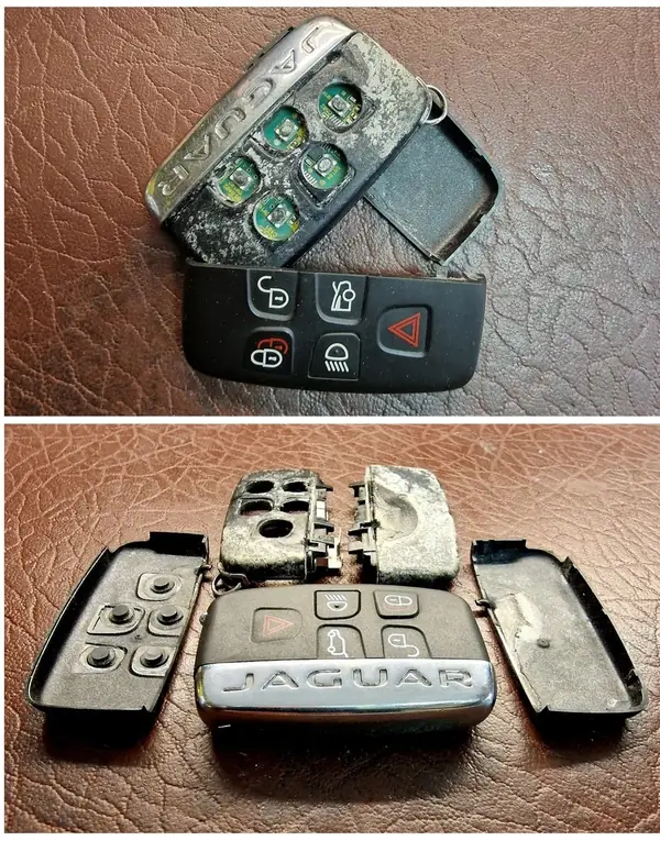Jaguar key fob opened up for a new shell