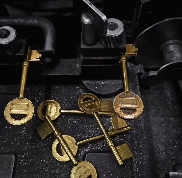 Brass lever keys freshly cut on the key machine
