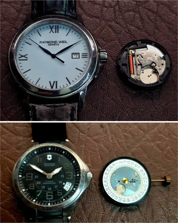Raymond Weil and Victorinox watches beside their quartz movements