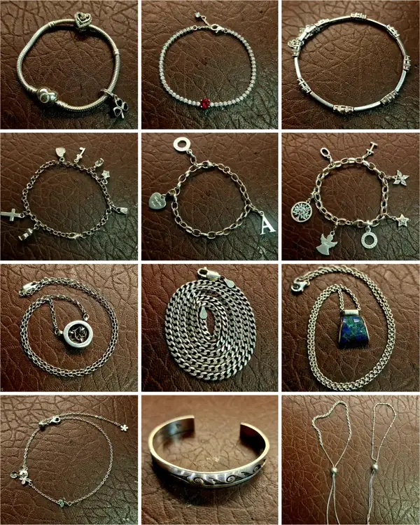 Silver charm bracelets and necklaces