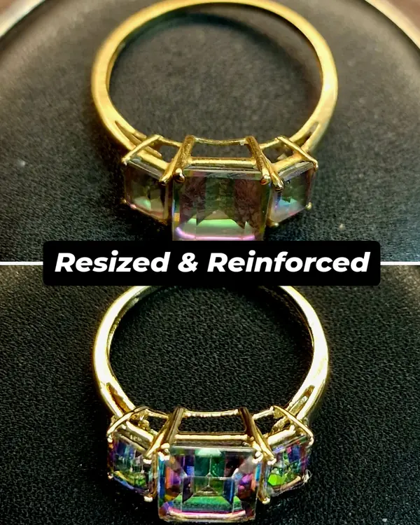Gold ring with mystic topaz stones, resized and reinforced