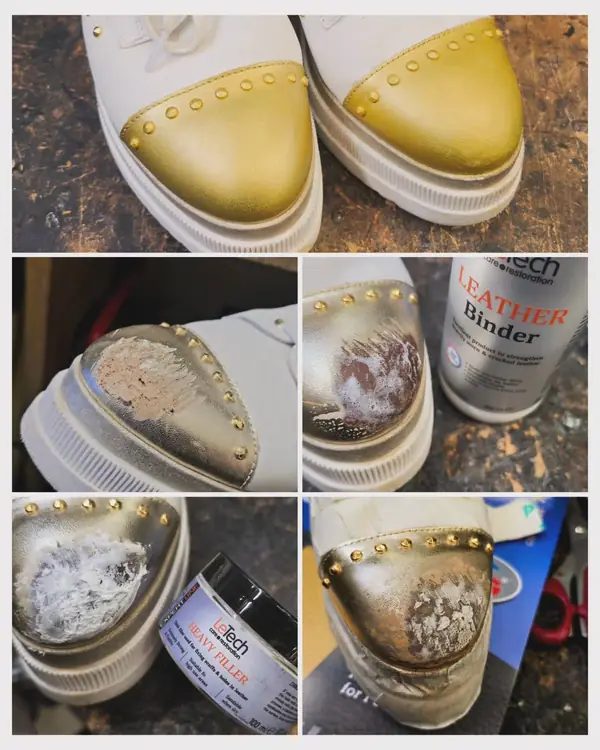 Step-by-step repair of scuffed gold toe caps on white trainers