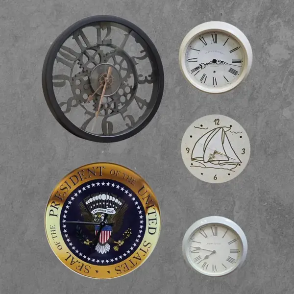 Wall clocks, including one with the US Presidential seal