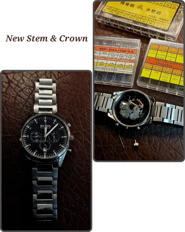 Chronograph watch with a new stem and crown